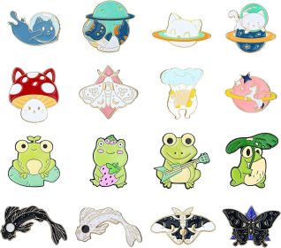 16 Pcs Enamel Pin Brooches for Women Teens Cute Frog Fish Cats Mushroom Hat Brooches Pins Sets for Clothes Bags Backpack