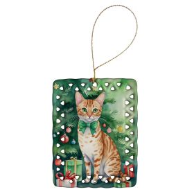 Ocicat Cat By the Christmas Tree Porcelain Ornament Christmas Tree Hanging Decorations for Home Christmas Holiday, Rectangle, Gift, Multicolor