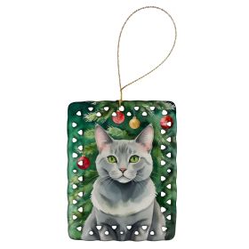 Korat Cat By the Christmas Tree Porcelain Ornament Christmas Tree Hanging Decorations for Home Christmas Holiday, Rectangle, Gift, Multicolor
