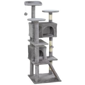 54" Cat Tree, Multi-Level Cat Tower with Scratching Posts, Cat Condos, Bed, Platforms, Ramp, Toy Ball, Light Grey