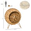 PawHut 20.5 Weaved Cat Bed Elevated Hand Made Cat House Condo with Cushion Brown