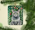 Korat Cat By the Christmas Tree Porcelain Ornament Christmas Tree Hanging Decorations for Home Christmas Holiday, Rectangle, Gift, Multicolor