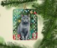 Chartreux Cat By the Christmas Tree Porcelain Ornament Christmas Tree Hanging Decorations for Home Christmas Holiday, Rectangle, Gift, Multicolor