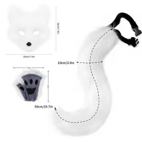 Faux Fur Fox Tail Cat Wolf Cosplay Costume Set Plush Mask Fluffy Paw Gloves Halloween Christmas (Color: White)